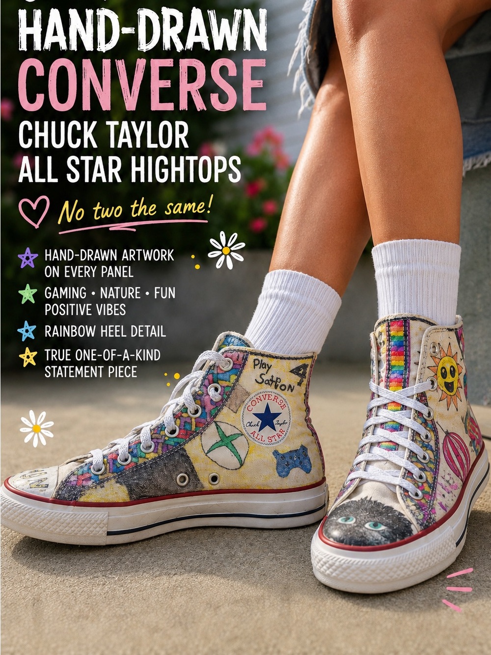 Converse Hand-Drawn High Top Sneakers — Multicolor Artwork - Womens 8/ Mens 6